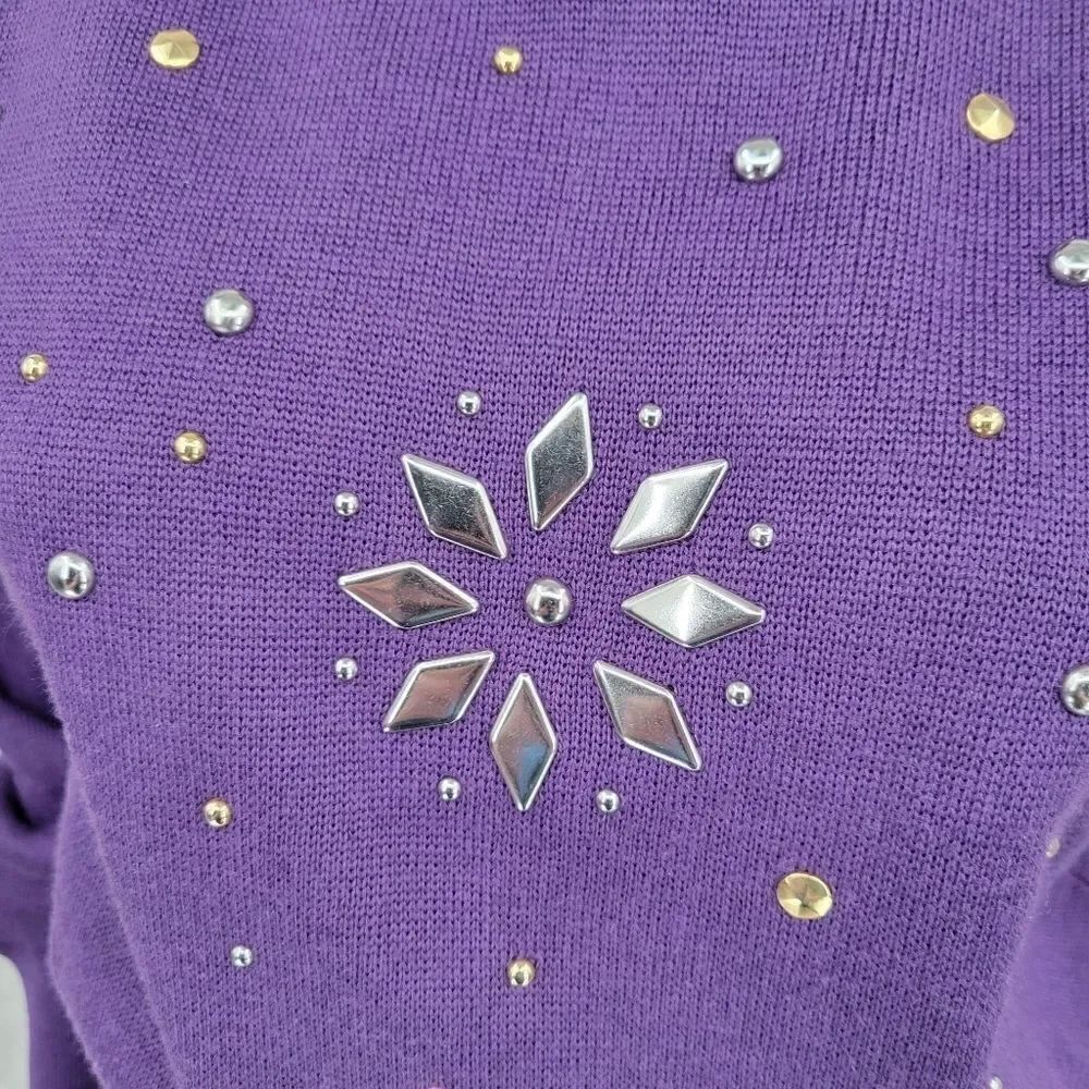 Kaelin 80s Purple Embellished Turtleneck Sweater Cinched Waist Vintage Women's - Picture 9 of 13